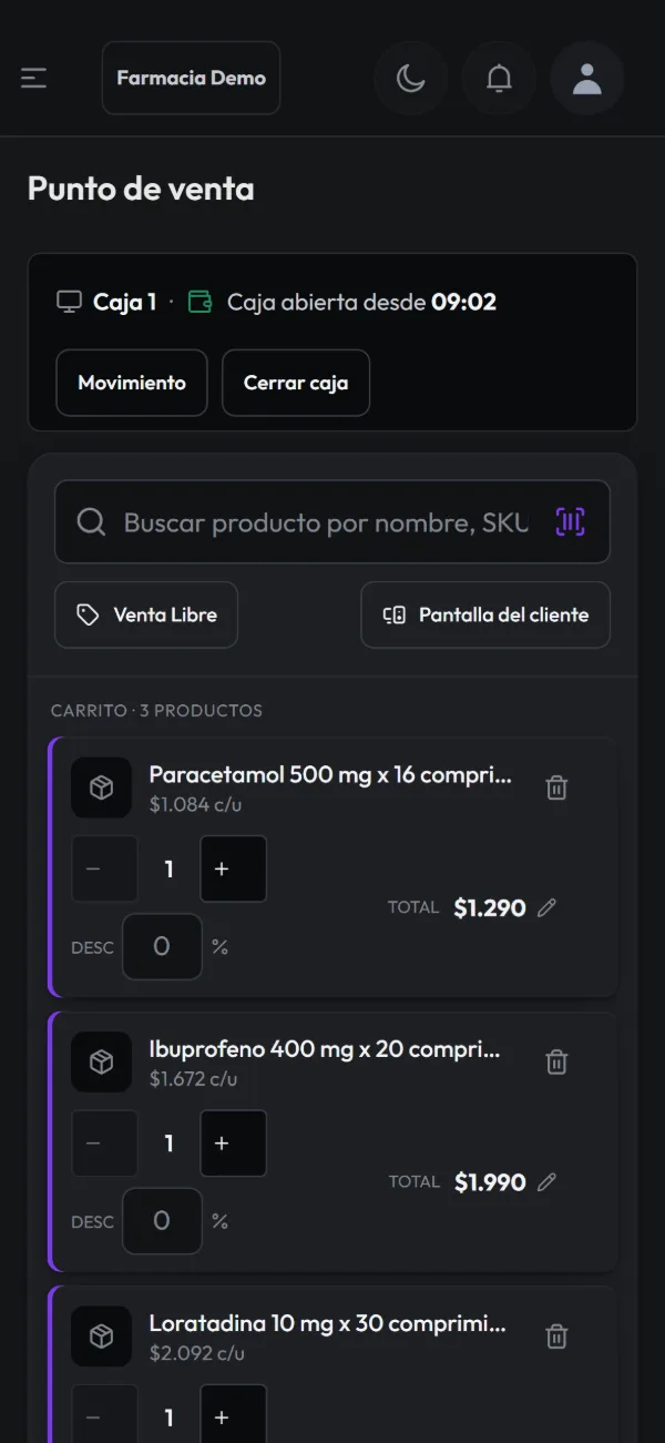 Punto de venta de Farmyx en la app para Android, con la caja abierta y un carrito de tres productos